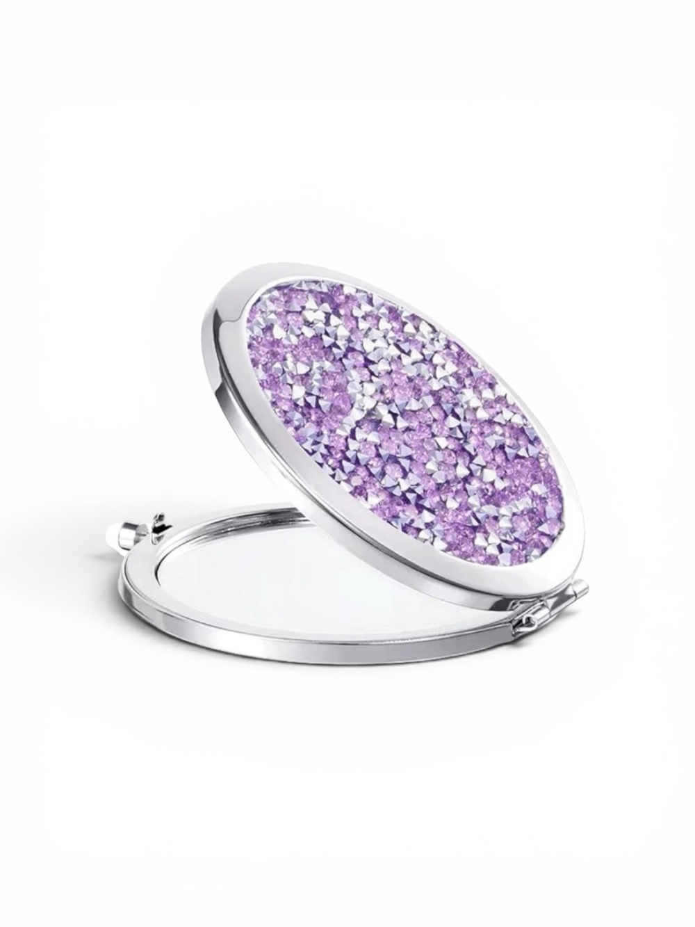 Purple rhinestone silver compact mirror
